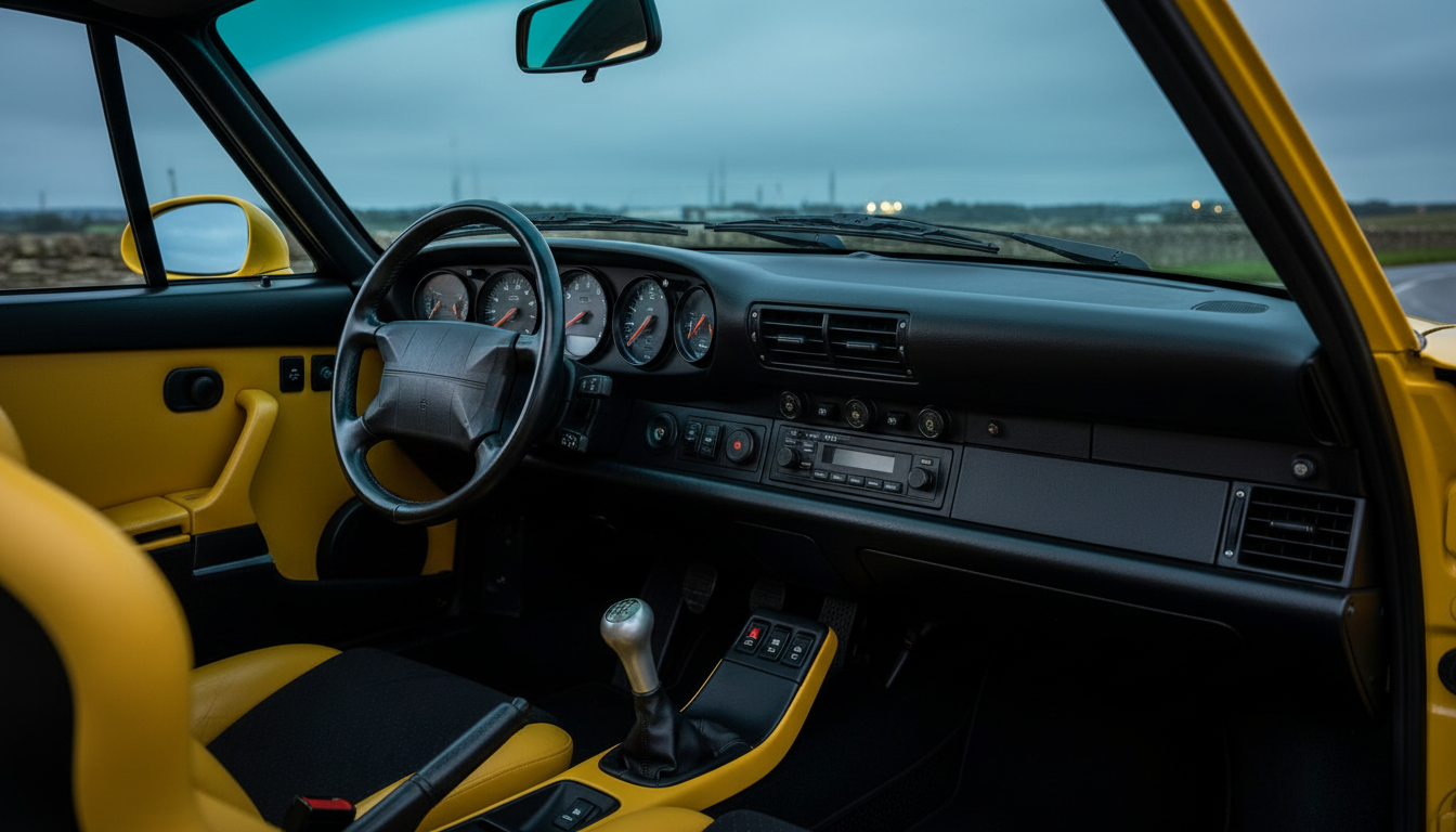The spartan interior and dashboard of the Porsche 993 Carrera RS.