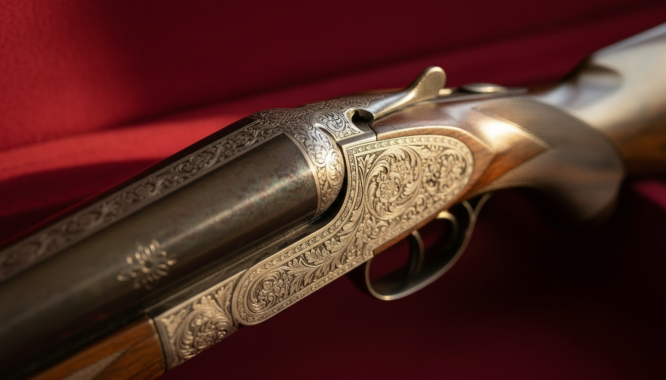 Detail of the fine rose and scroll engraving on the action of a Purdey shotgun.