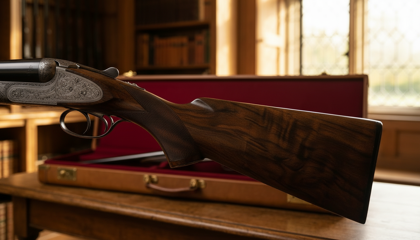 The beautifully figured Turkish walnut stock of a Purdey shotgun.