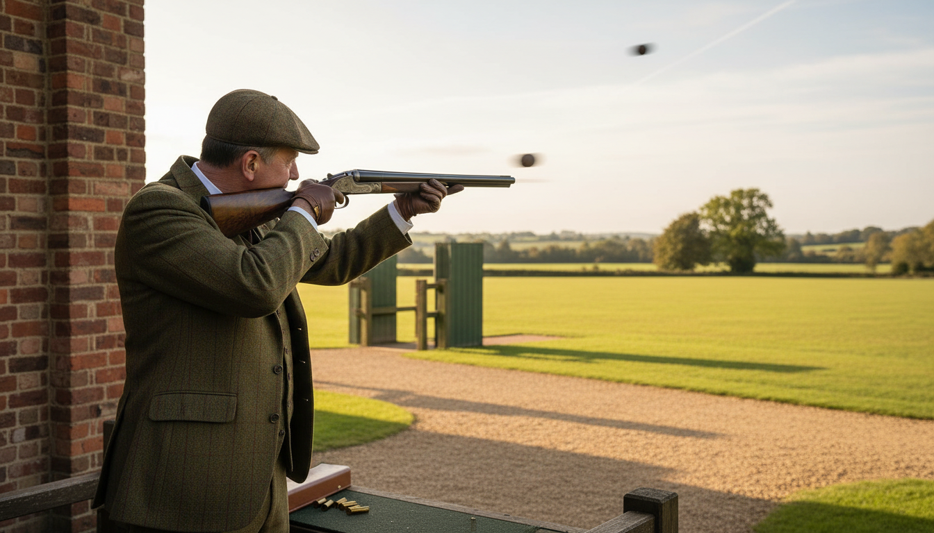 A man in shooting attire firing a Purdey shotgun at a clay target.