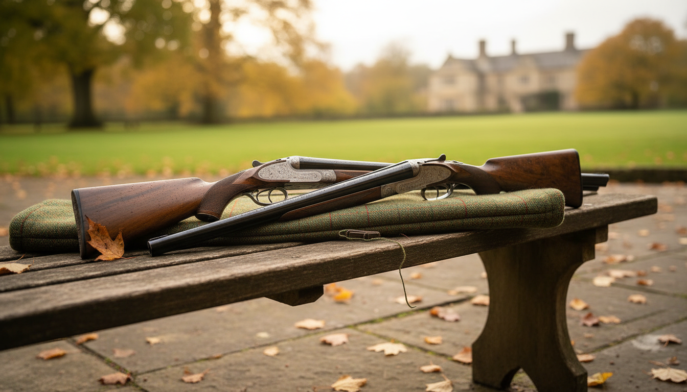 A pair of Purdey shotguns resting on a tweed gun slip.