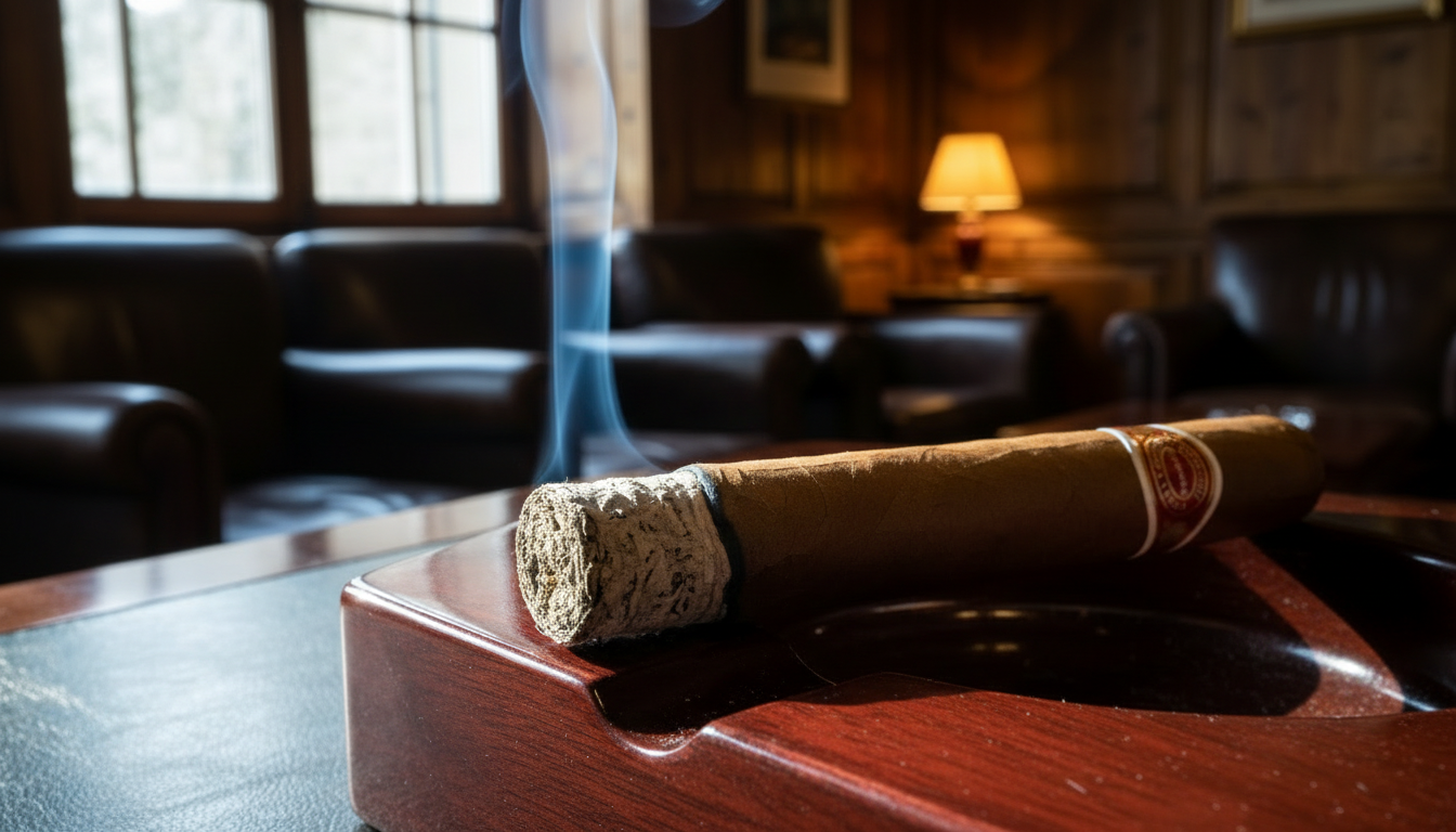 The lit end of a Romeo y Julieta Churchill cigar with a perfect ash.