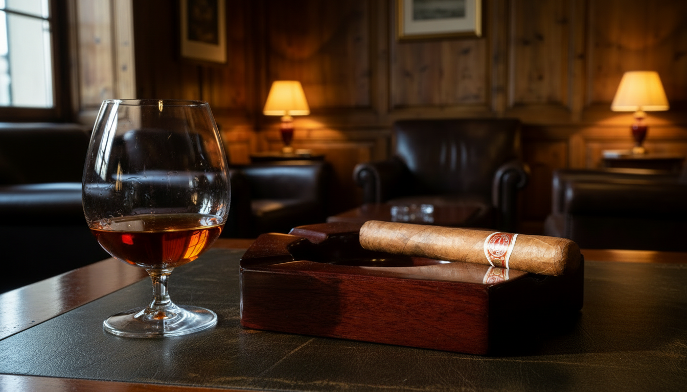 A Romeo y Julieta Churchill cigar paired with a glass of cognac.