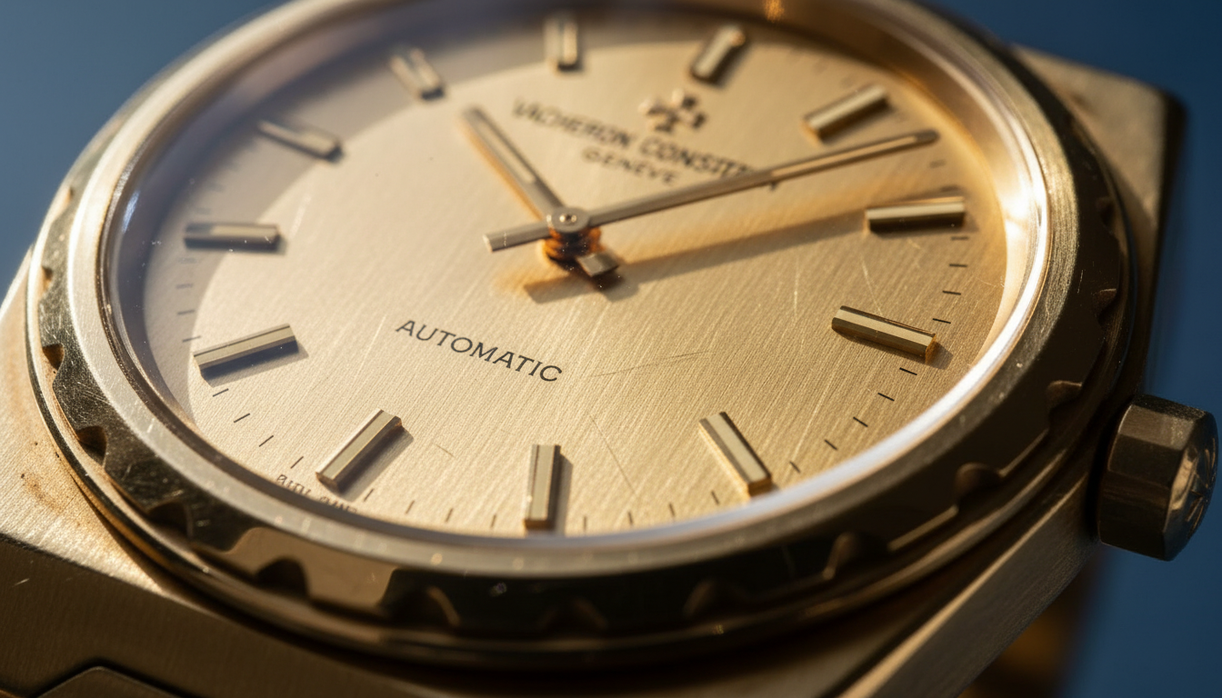 A close-up of the Vacheron Constantin 222 dial, showing the textured finish and Maltese cross.