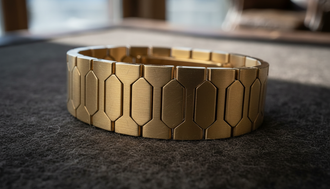 A detailed view of the fluid, integrated gold bracelet of the Vacheron Constantin 222.